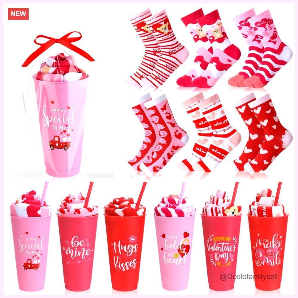 Valentine's Day Novelty Crew Socks Gift Set with Coffee Cups Galentines Exchange